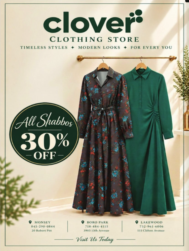 CLOVER CLOTHING STORE - 30% OFF ALL SHABBOS!